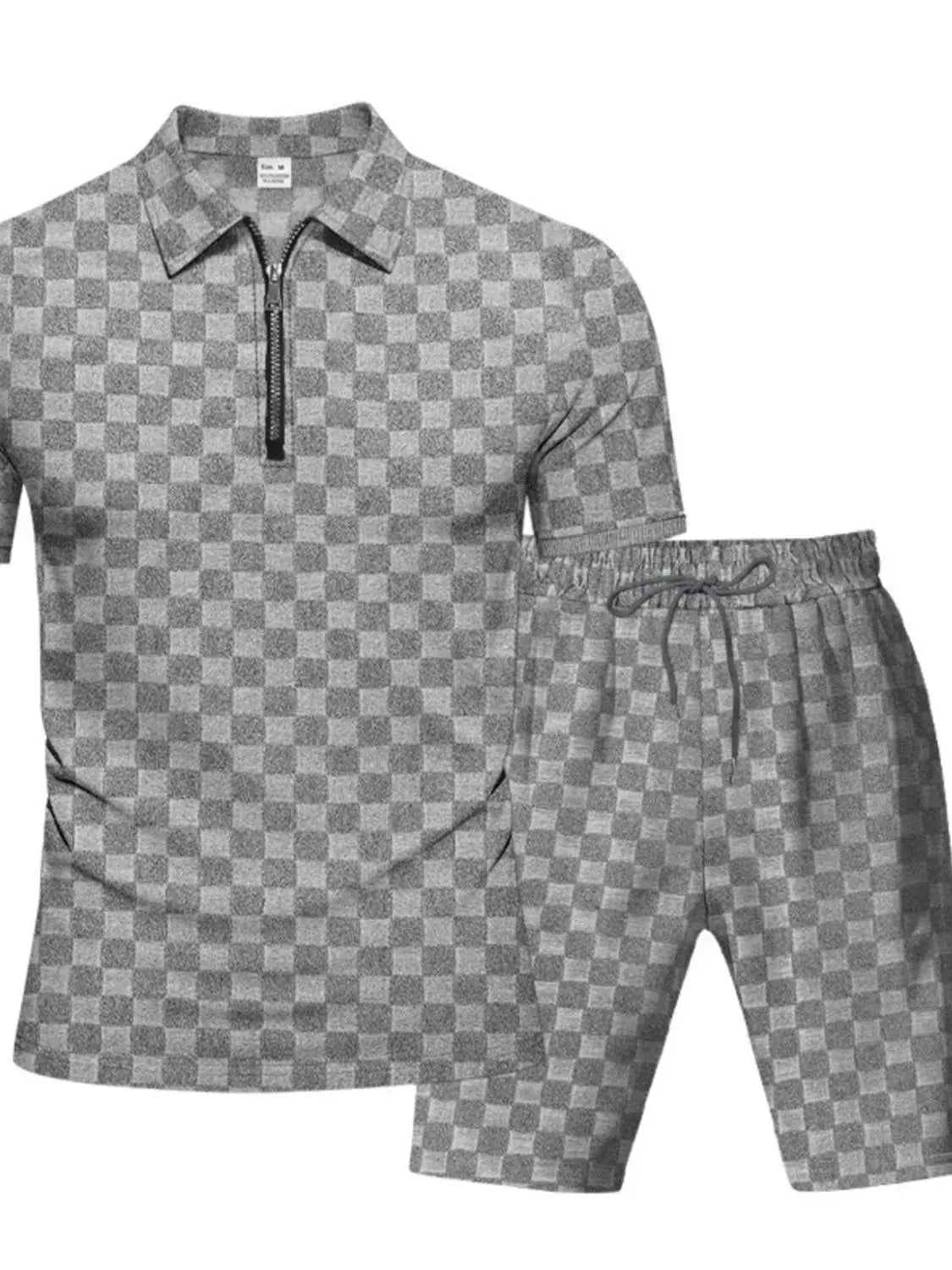 Men's Full Size Quarter Zip Short Sleeve Top and Shorts Set Plus Size by Trendsi