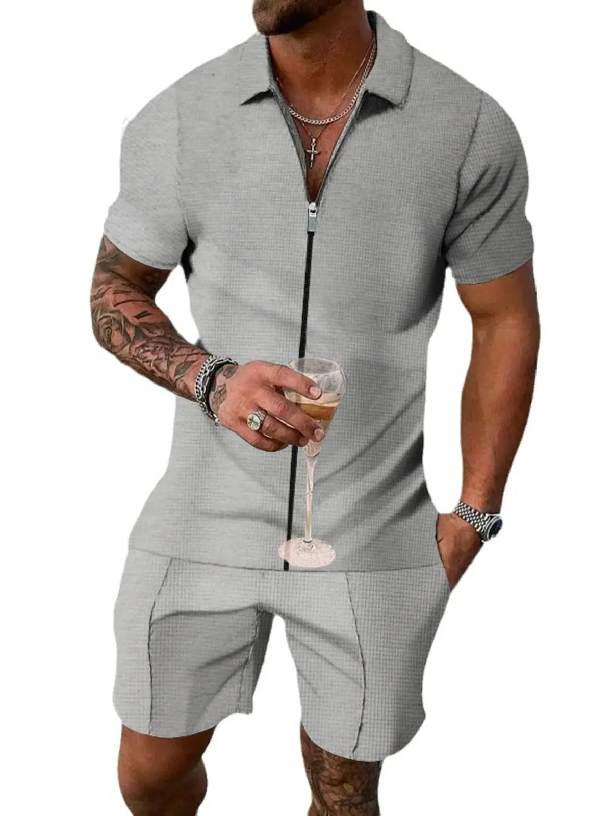 Men's Plus Size Zip Up Short Sleeve Top and Shorts Set by Trendsi
