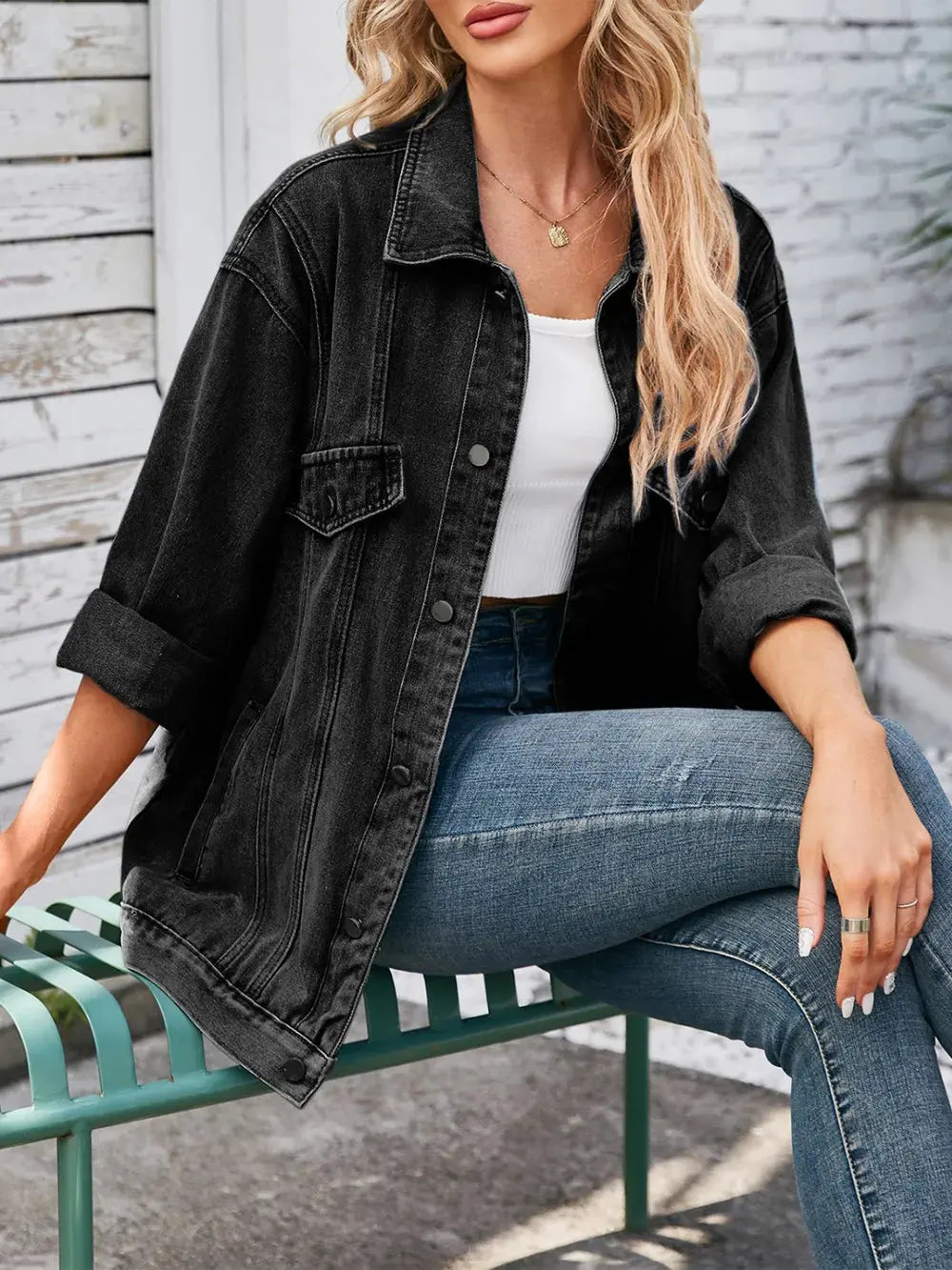 Button Up Long Sleeve Denim Jacket by Partner Label