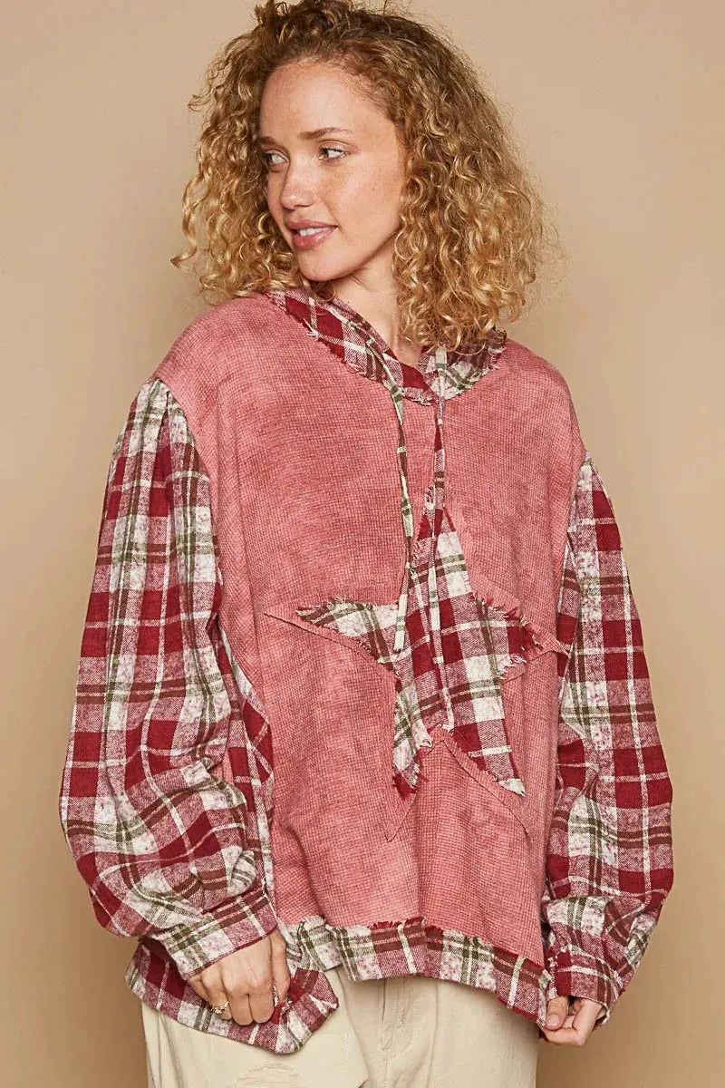 POL Star Patch Plaid Long Sleeve Hooded Top by POL