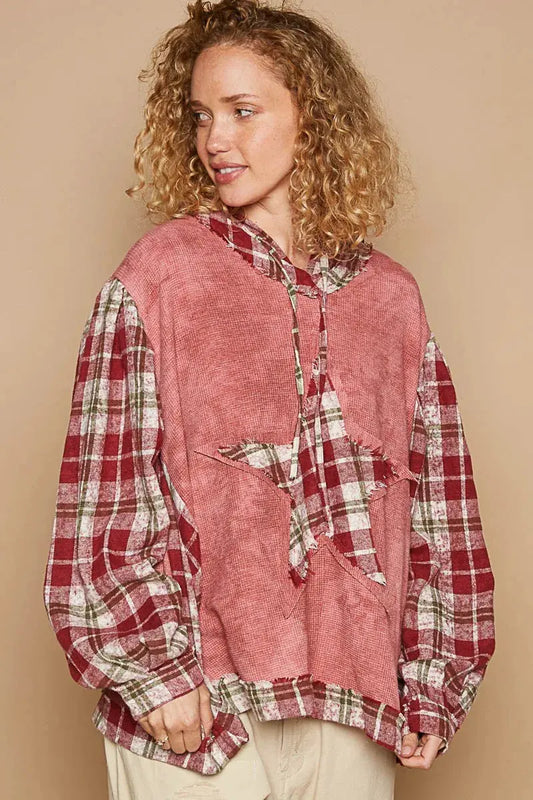POL Star Patch Plaid Long Sleeve Hooded Top by POL