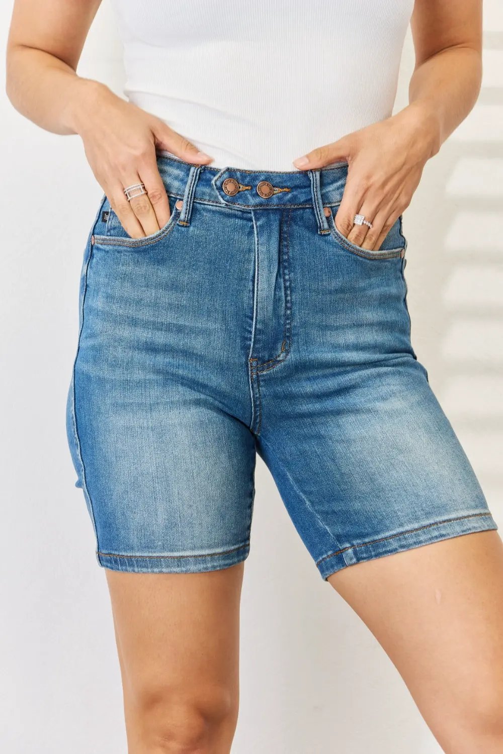 Judy Blue Full Size Tummy Control Double Button Bermuda Denim Shorts by Judy Blue