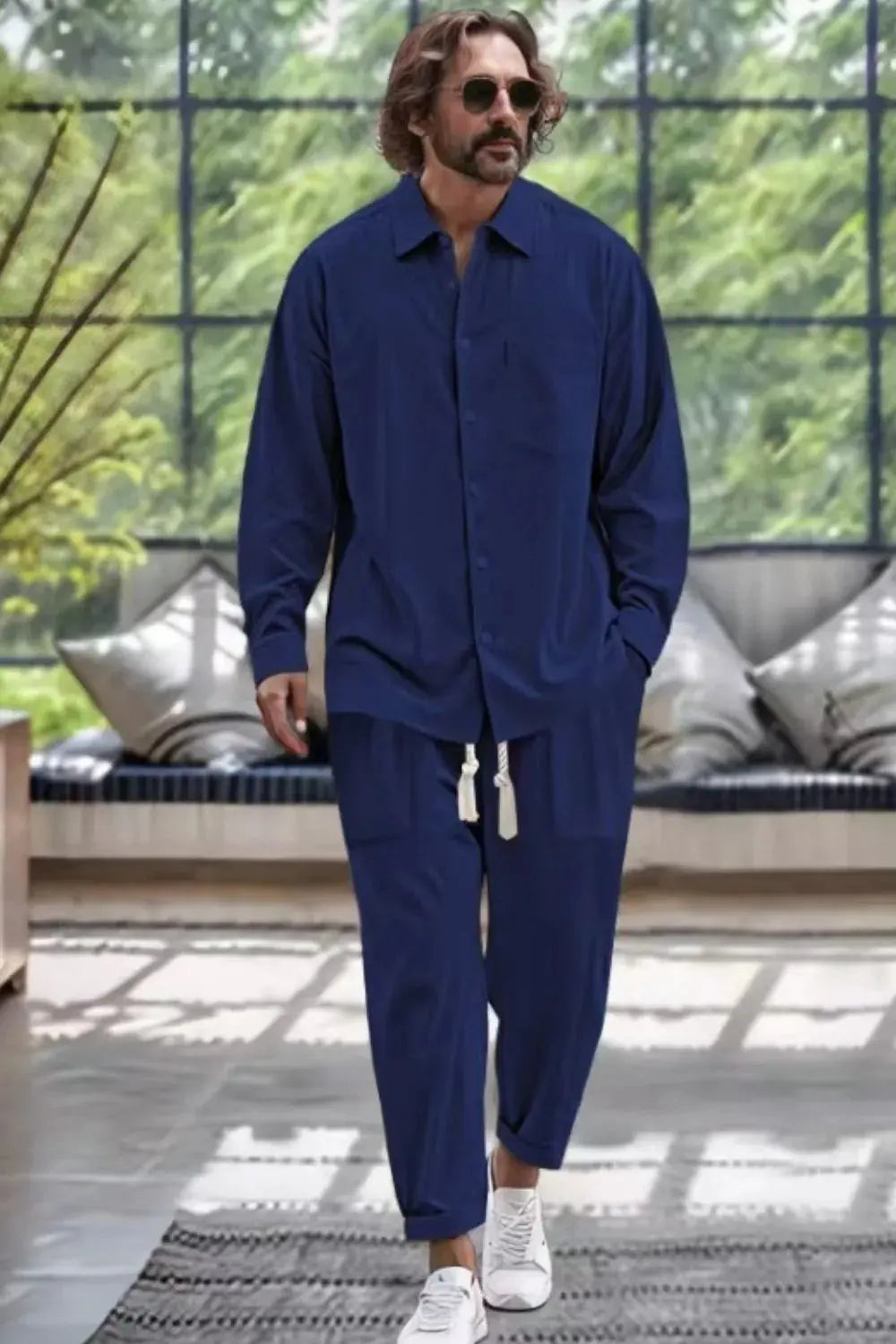 Men's Collared Neck Long Sleeve Top and Pants Set Plus Size by Trendsi