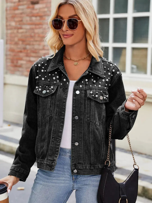 Pearl Detail Collared Neck Long Sleeve Denim Jacket by Partner Label