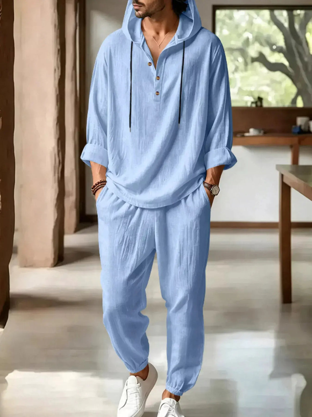 Men's Full Size Casual Button Detail Hooded Top and Pants Set Plus Size by Partner Label