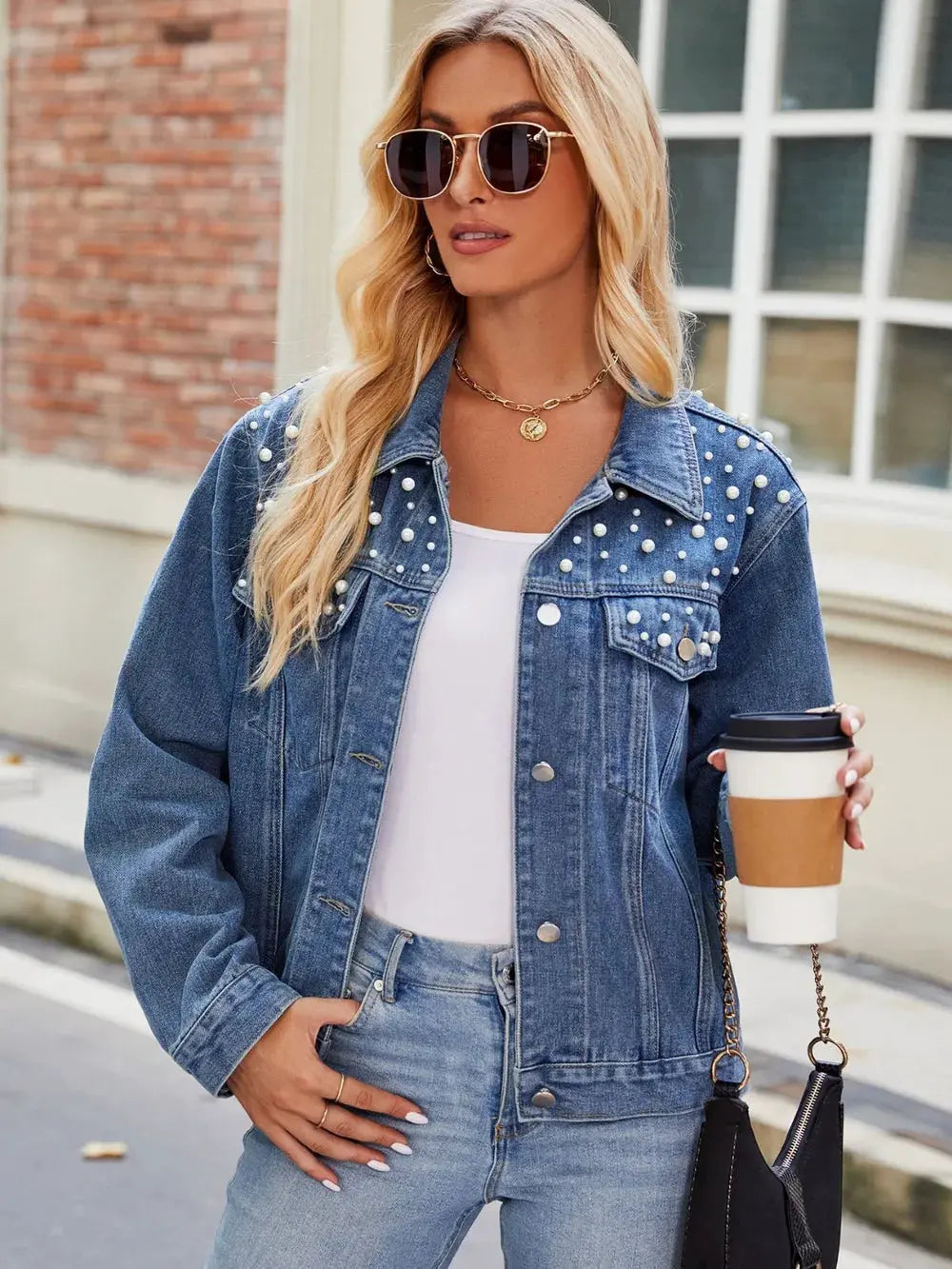 Pearl Detail Collared Neck Long Sleeve Denim Jacket by Partner Label