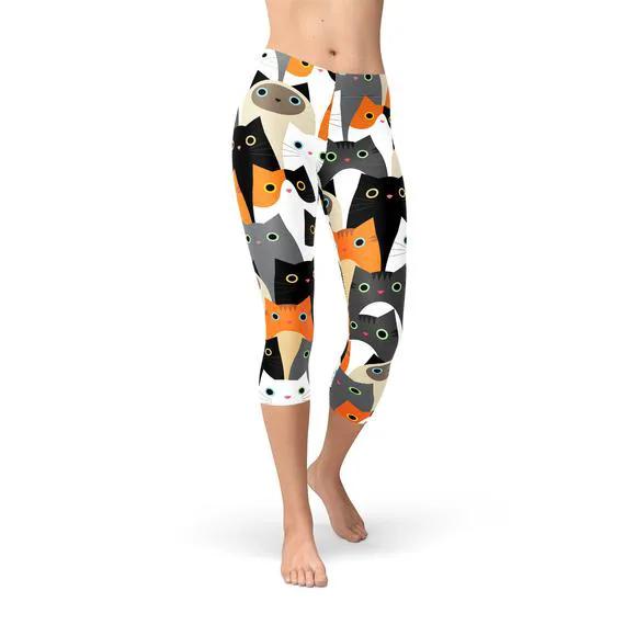 Womens All Over Print Cats Capri Leggings by Maroon Sooty