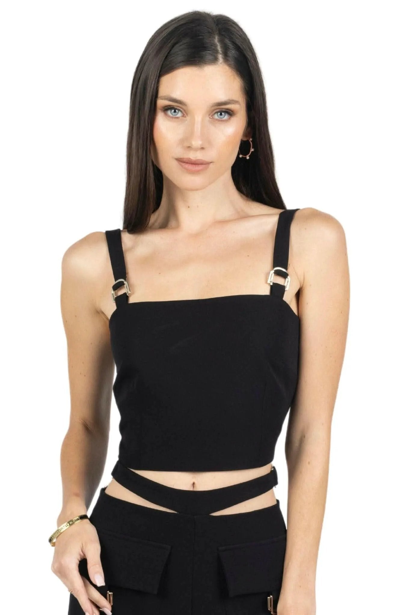 Kim Cropped Top With Buckles in Black by Akalia