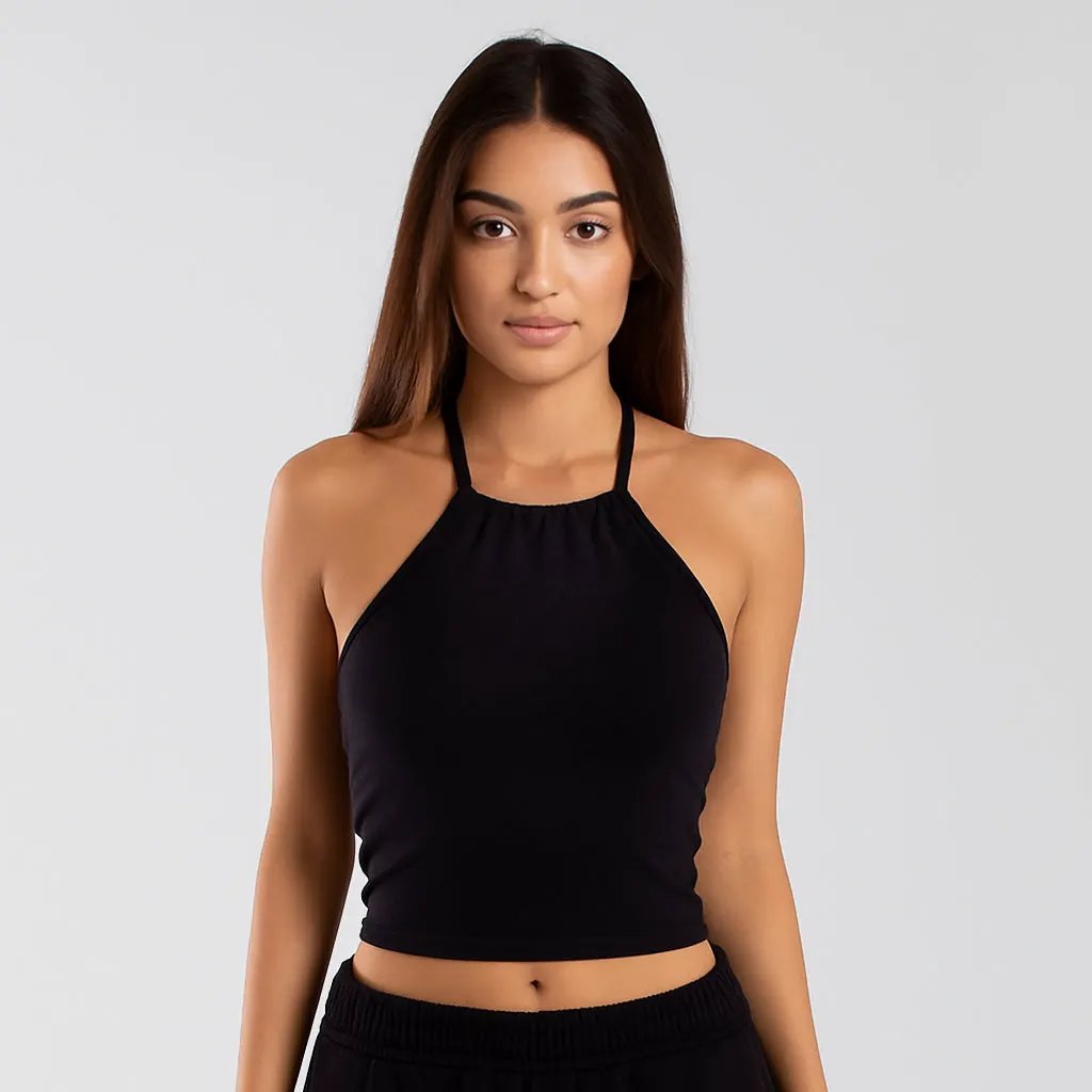 6026 - Women's Cropped Neck-Tie Halter Top by POS Wholesale
