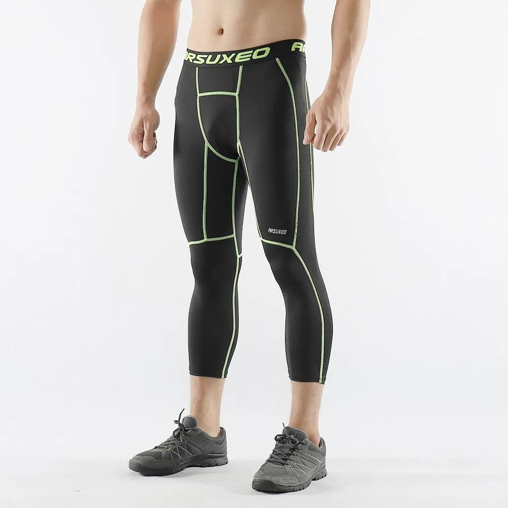 Men 3/4 Sports Compression Tights Base Layer Running Tights GYM Fitness Active Training Exercise Pants by Vimost Shop