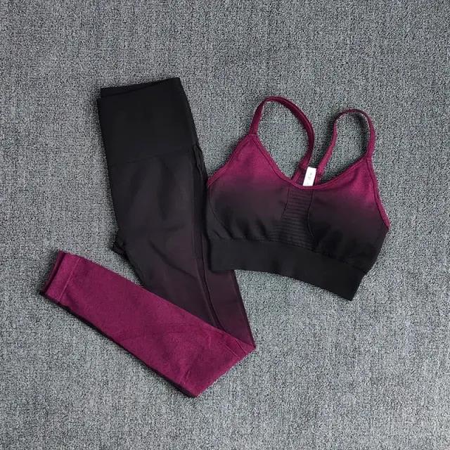 Ombre Women Yoga Set Workout Long Sleeve Crop Top Sports Bra Seamless Leggings Gym Clothing Fitness Sportswear Sports Suits by Vimost Shop