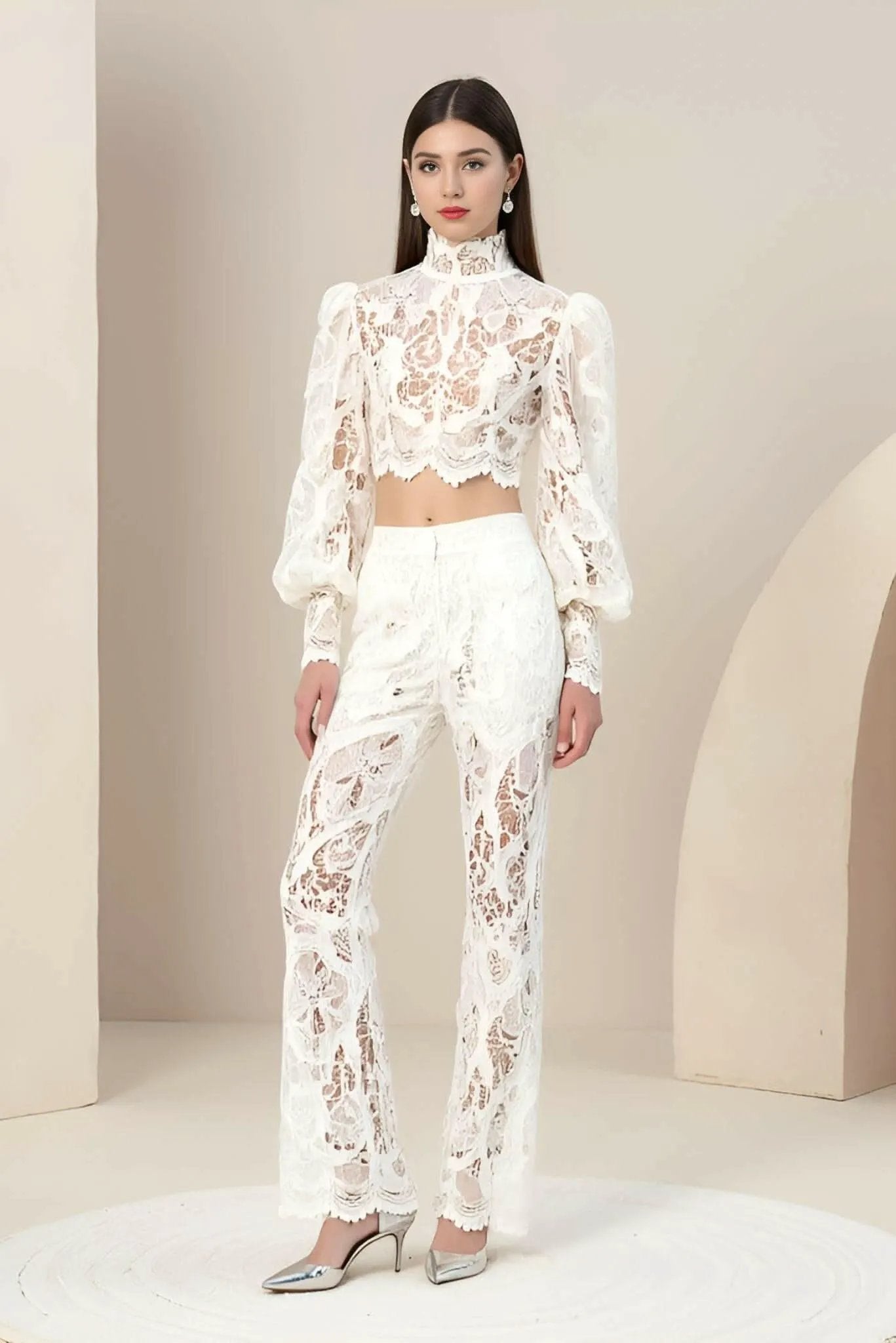 Rebecca Guipure Lace Top & Pant Set In White by AKALIA