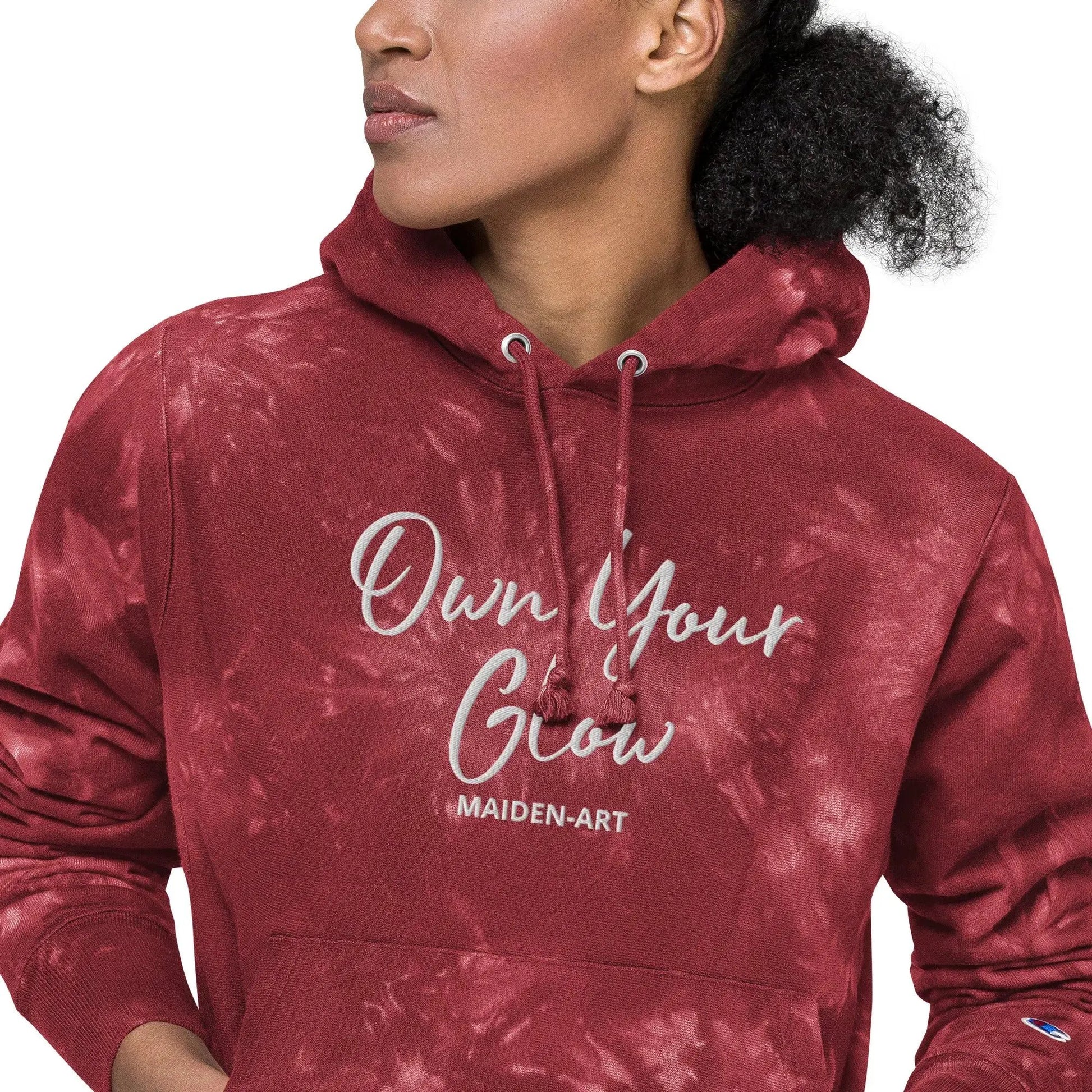 Own Your Glow Unisex Champion tie-dye hoodie with Embroidery | Champion hoodie by Maiden-Art