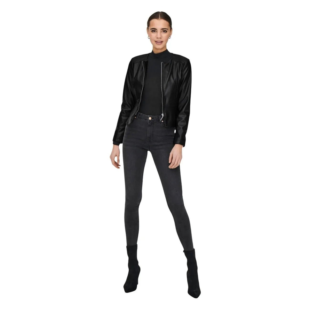 Only Women Black Zip Front PU Blazer Chic Peplum Long Sleeve Jacket by Only
