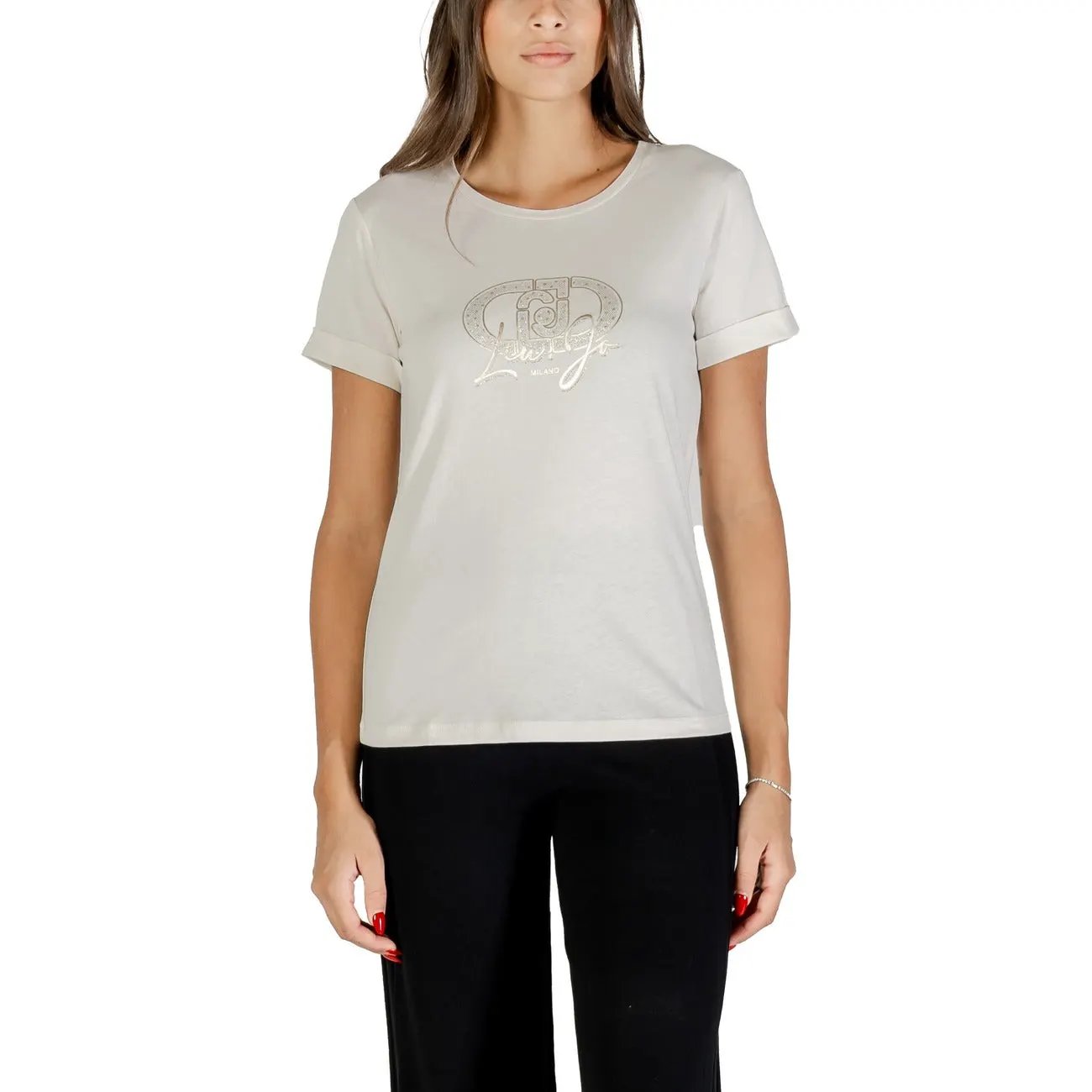 Liu Jo Women White Pure Cotton Round Neck Graphic Print T-Shirt Comfortable Top by Liu Jo