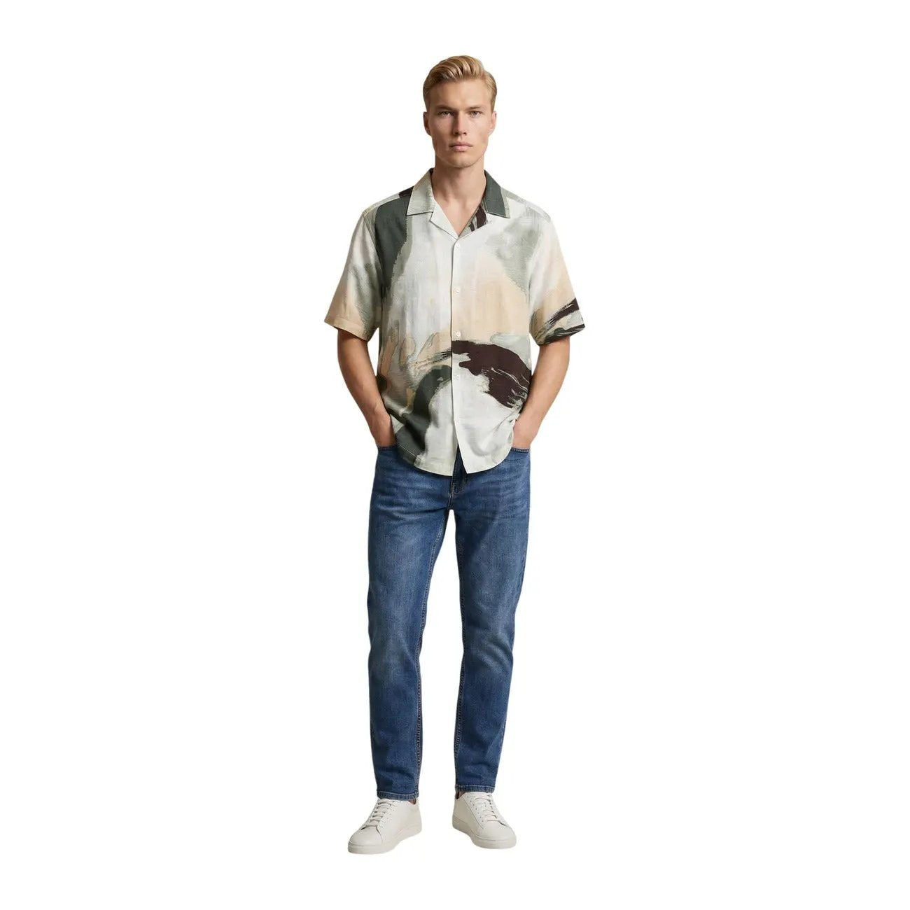Premium Only And Sons Mens Green Short Sleeve V Neck Summer Shirt by Only & Sons