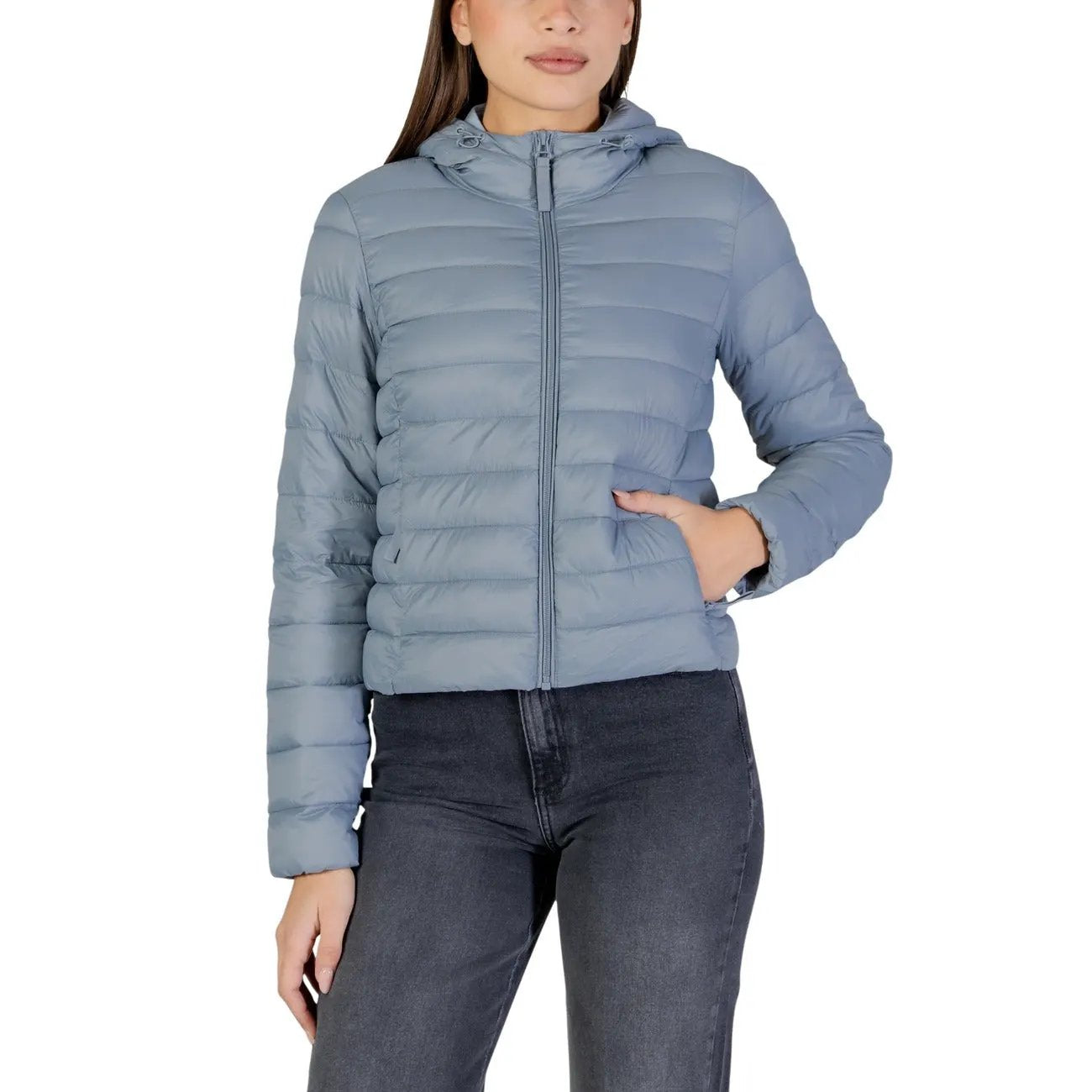 Only Women Quilted Hooded Jacket Light Blue Stylish Warm Zip Front by Only
