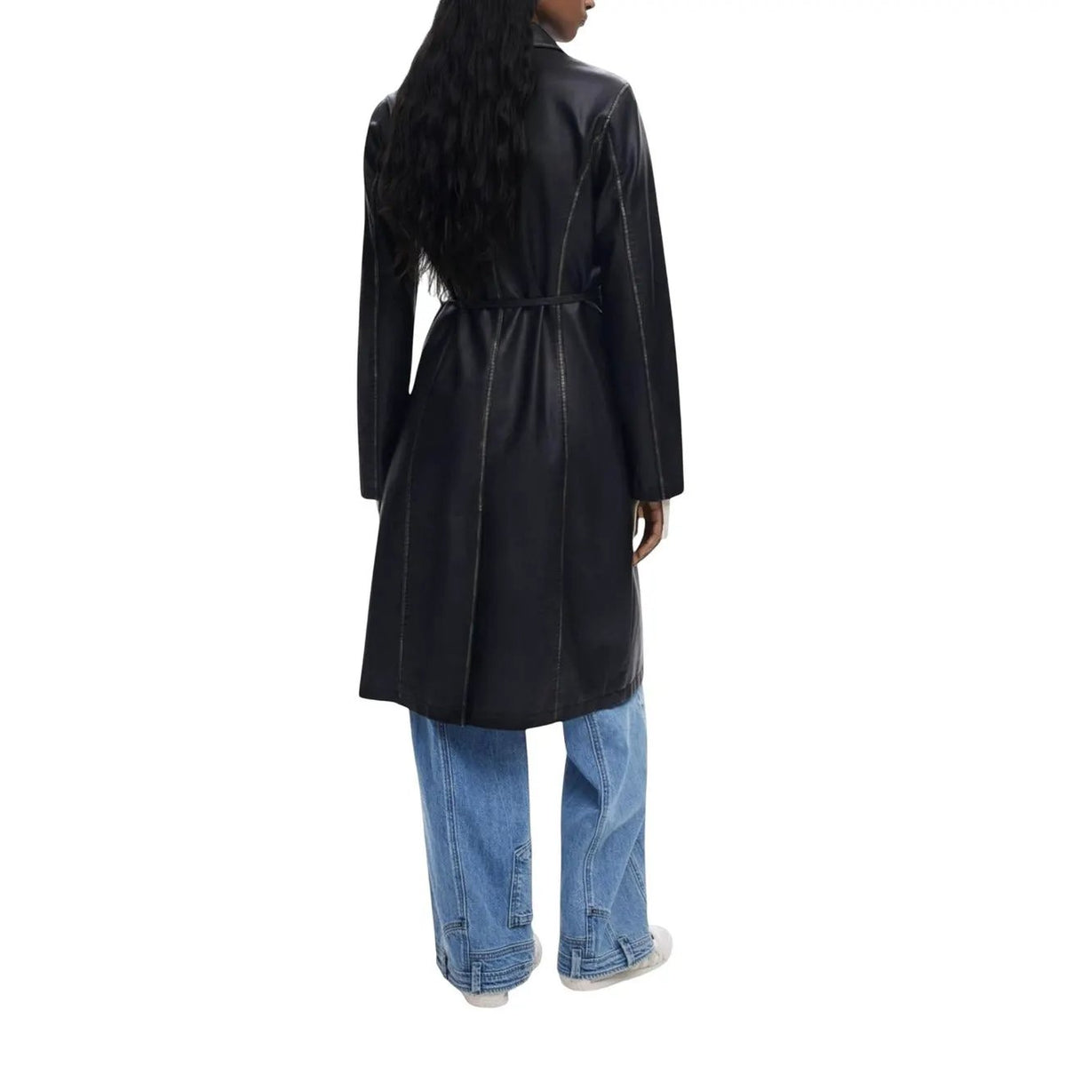 Desigual Women Elegant Black Faux Leather Belted Long Blazer Coat by Desigual
