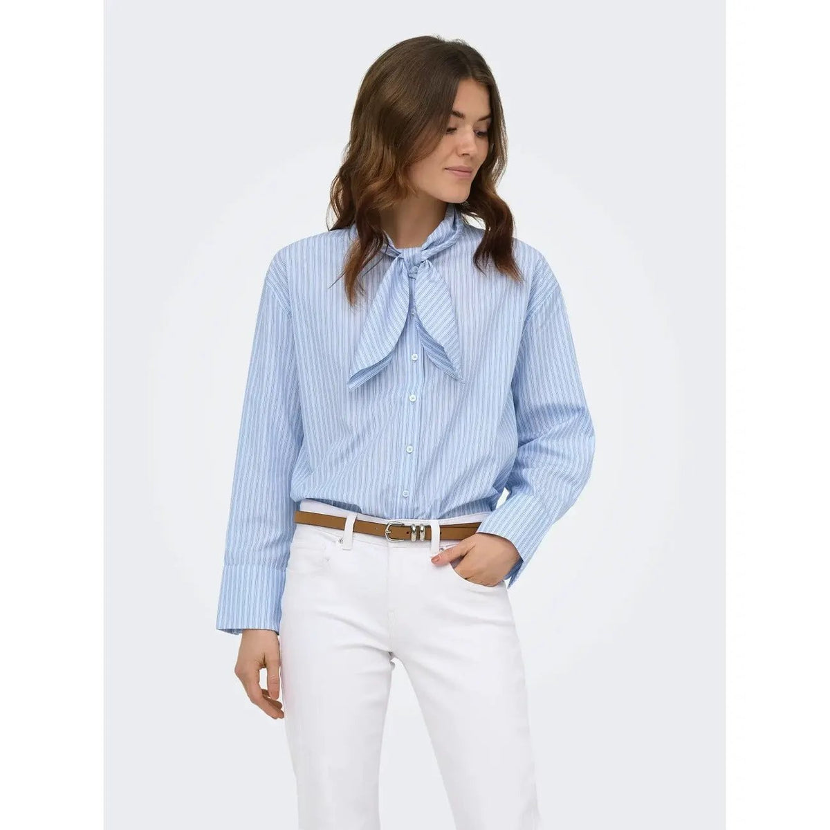 Only Women Elegant Light Blue Striped Classic Neck Tie Long Sleeve Shirt by Only