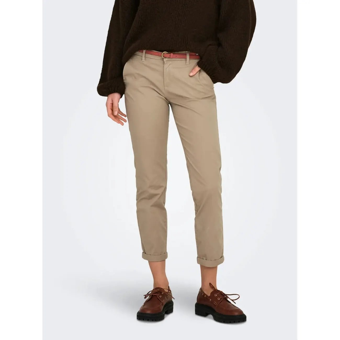 Only Women Cotton Stretch Trousers Comfortable Straight Fit Brown by Only