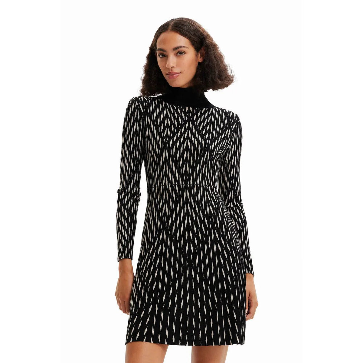 Desigual Women Black Geometric Pattern Turtleneck Long Sleeve Viscose Dress by Desigual