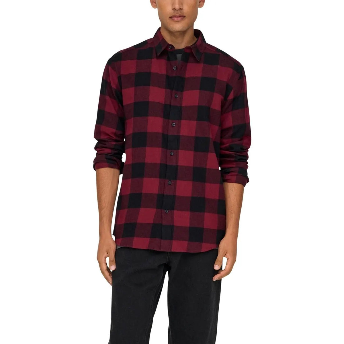 High Quality Only Sons Men Red Plaid Cotton Long Sleeve Classic Shirt by Only & Sons