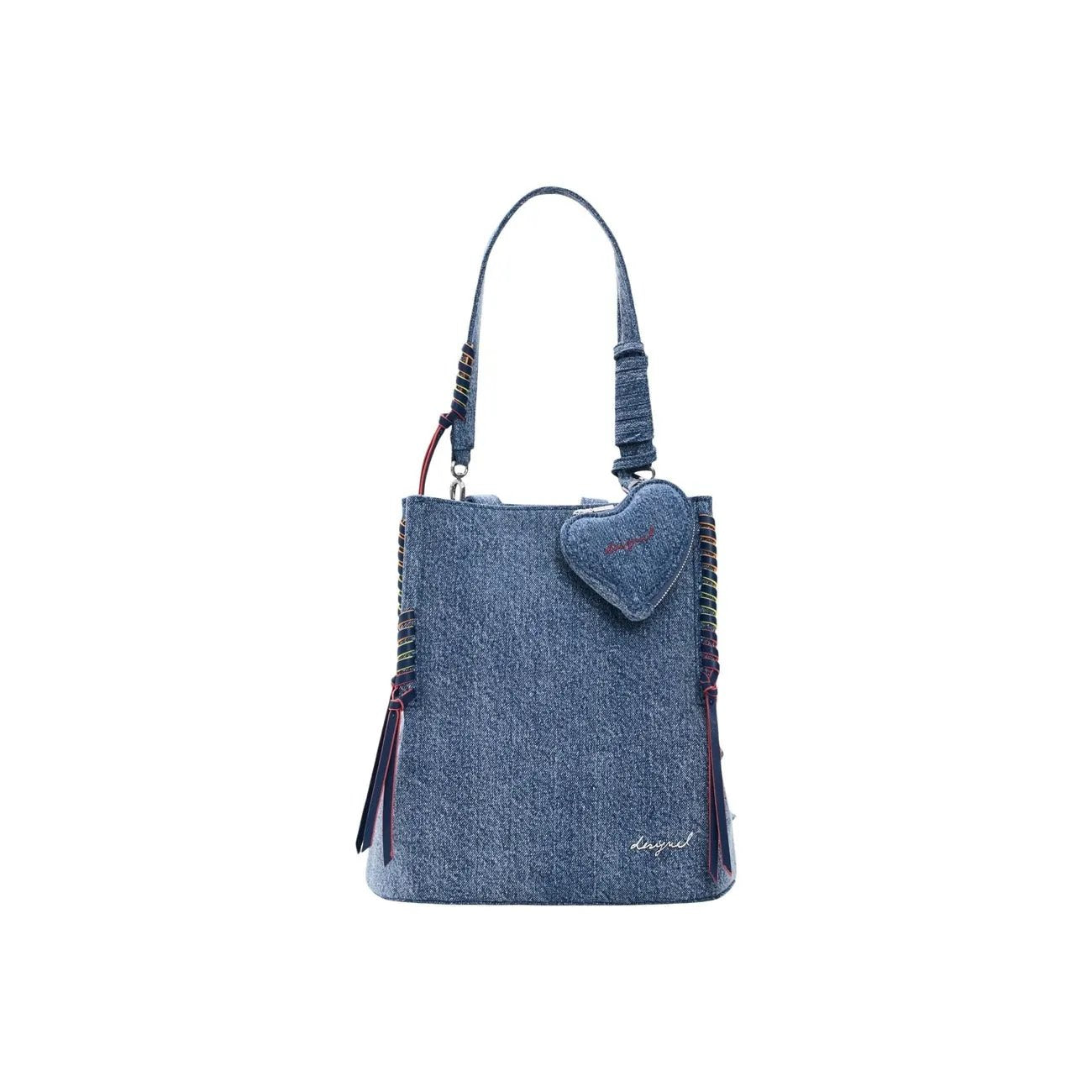 Desigual Women Blue Cotton Handbag with Zip Fastening Heart Charm Pockets by Desigual