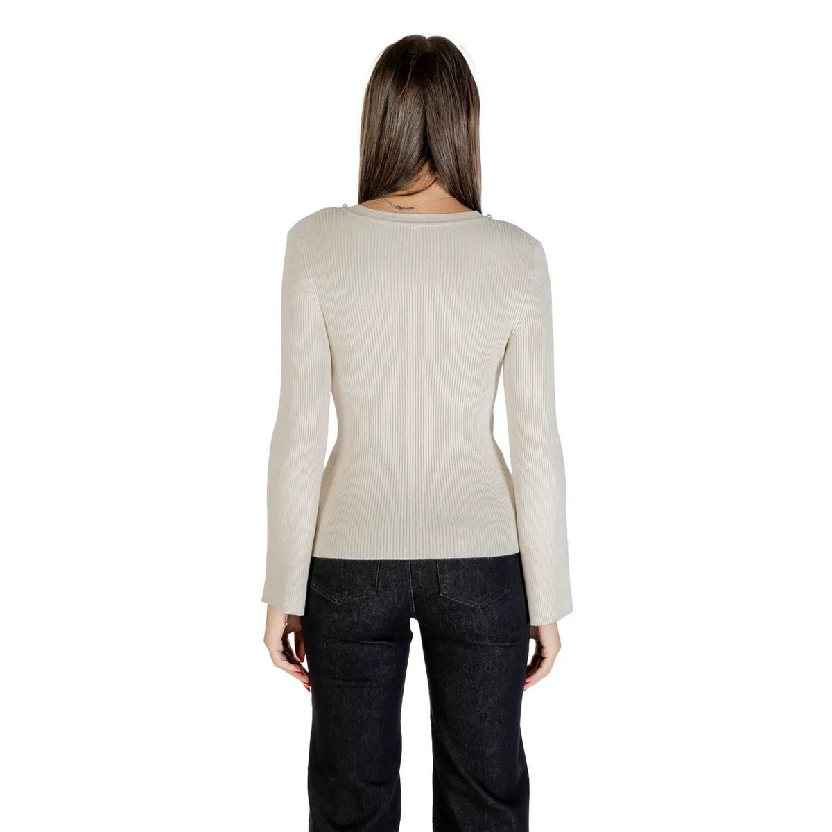 Stylish Only Women Beige Rhinestone Ribbed Knitwear Sweater Top Winter by Only
