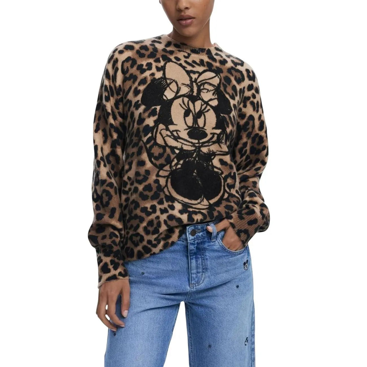 Desigual Women Leopard Print Minnie Mouse Knitwear Sweater Brown by Desigual