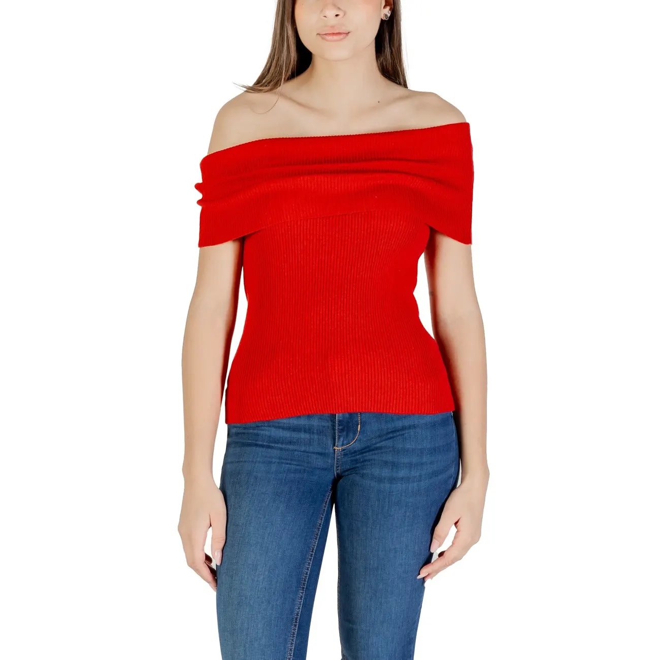 Only Women Red Stylish Off-Shoulder Knitwear Top Sleeveless Cotton Blend by Only