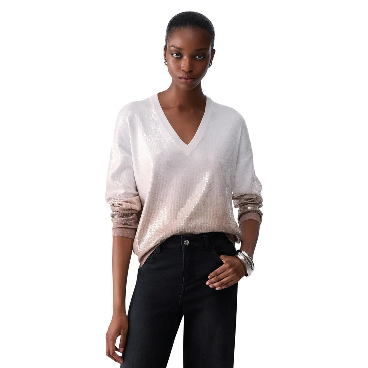 Liu Jo Women's Sequin Knit V-Neck Sweater Beige Cozy Luxe For Fall Winter by Liu Jo