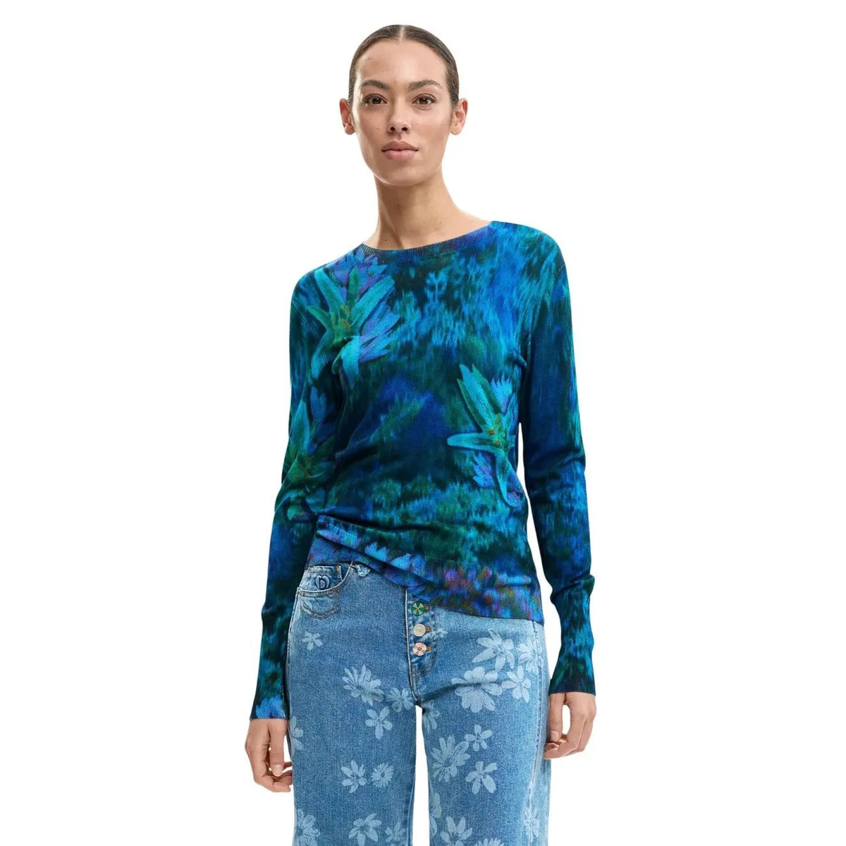 Desigual Women Blue Floral Long Sleeve Viscose Blend Knitwear Sweater by Desigual