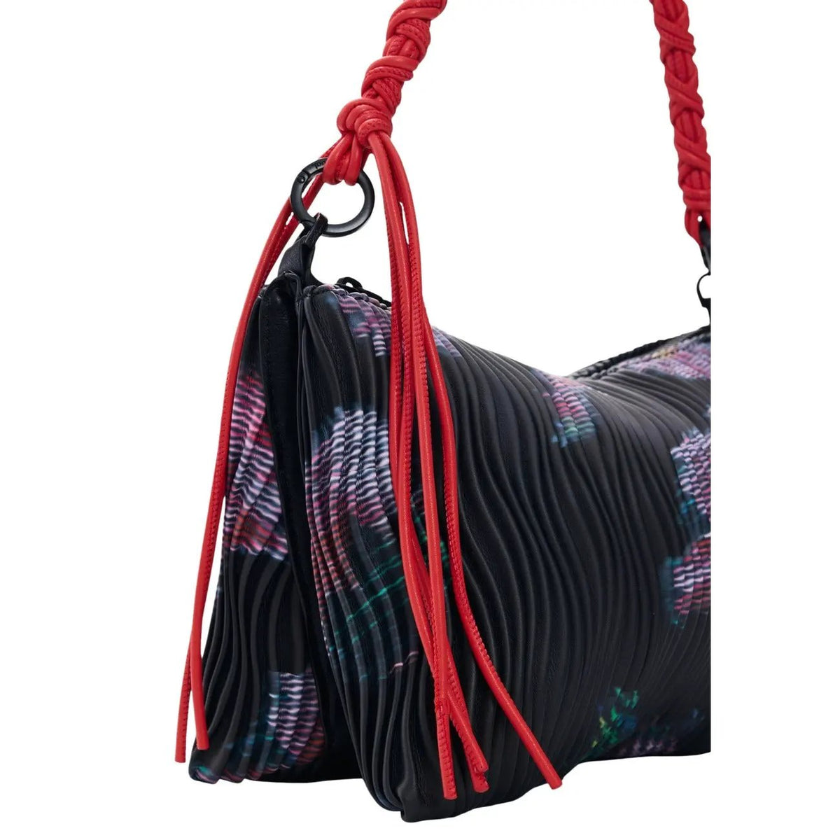 Desigual Women Black Floral Pleated Shoulder Bag With Zip and Red Braided Handle by Desigual