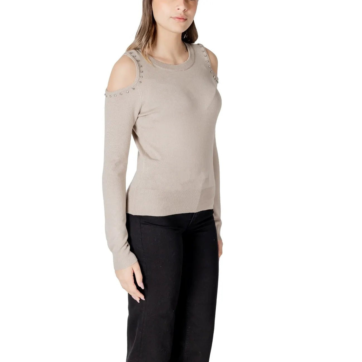 Stylish Only Women Beige Cold Shoulder Long Sleeve Knitwear Top With Studs by Only