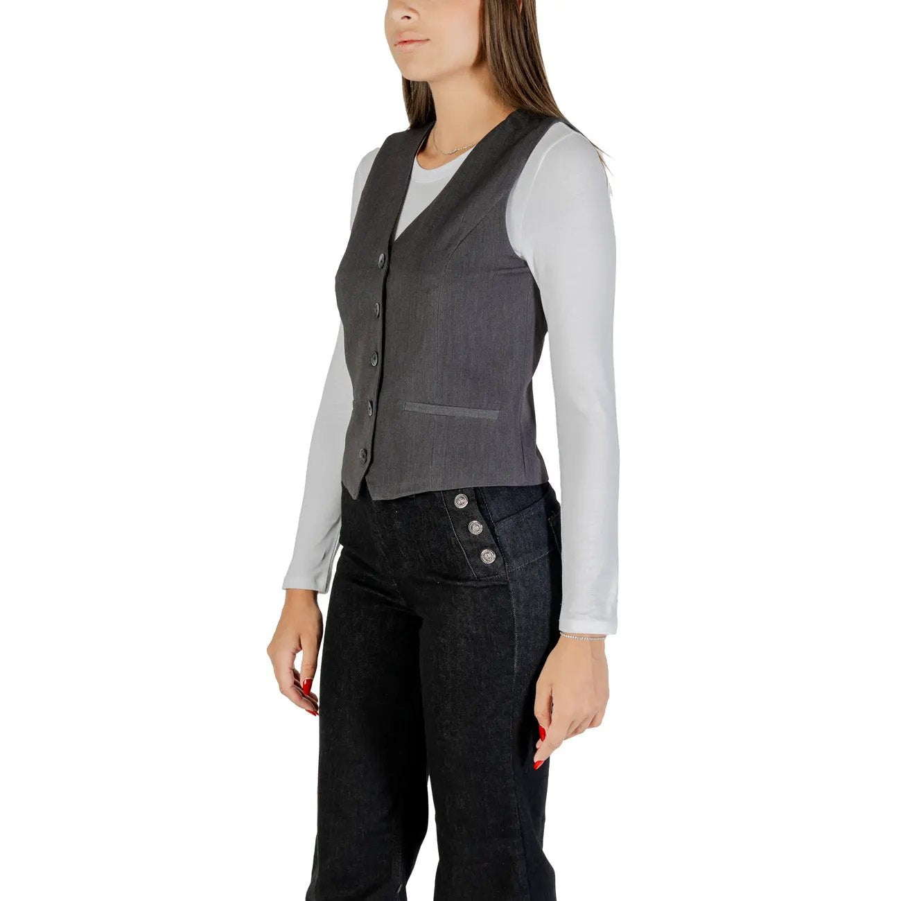Only Womens Essential Grey Button Front V-Neck Lightweight Gilet by Only