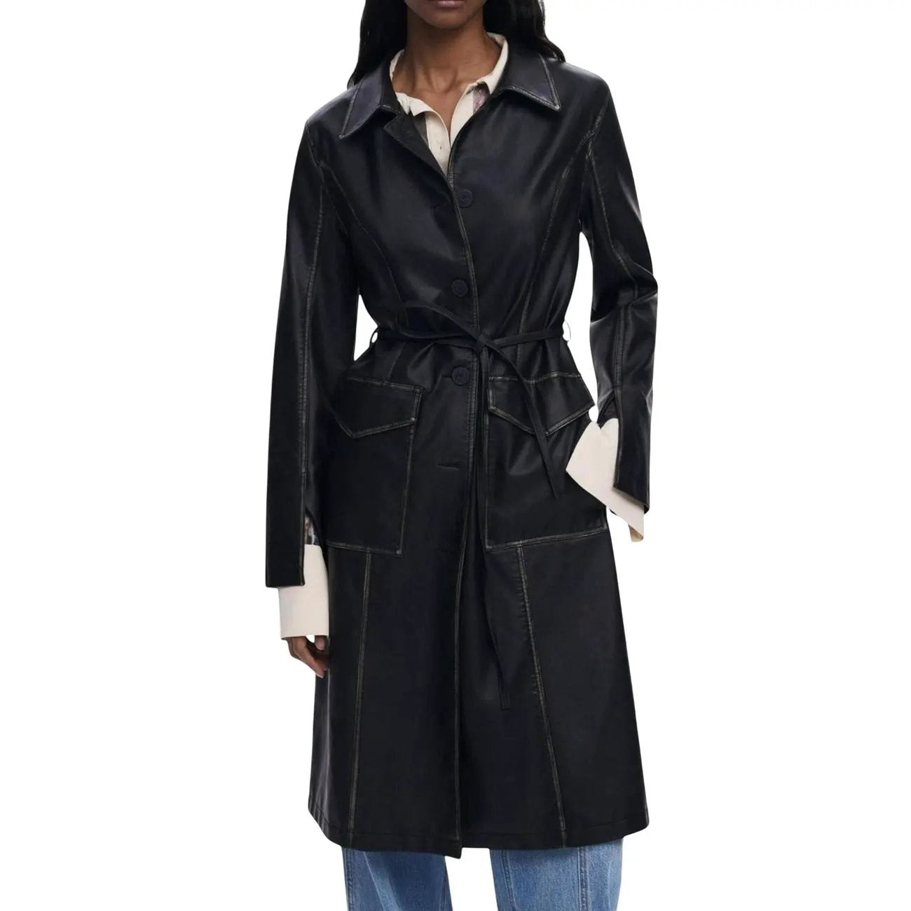 Desigual Women Elegant Black Faux Leather Belted Long Blazer Coat by Desigual