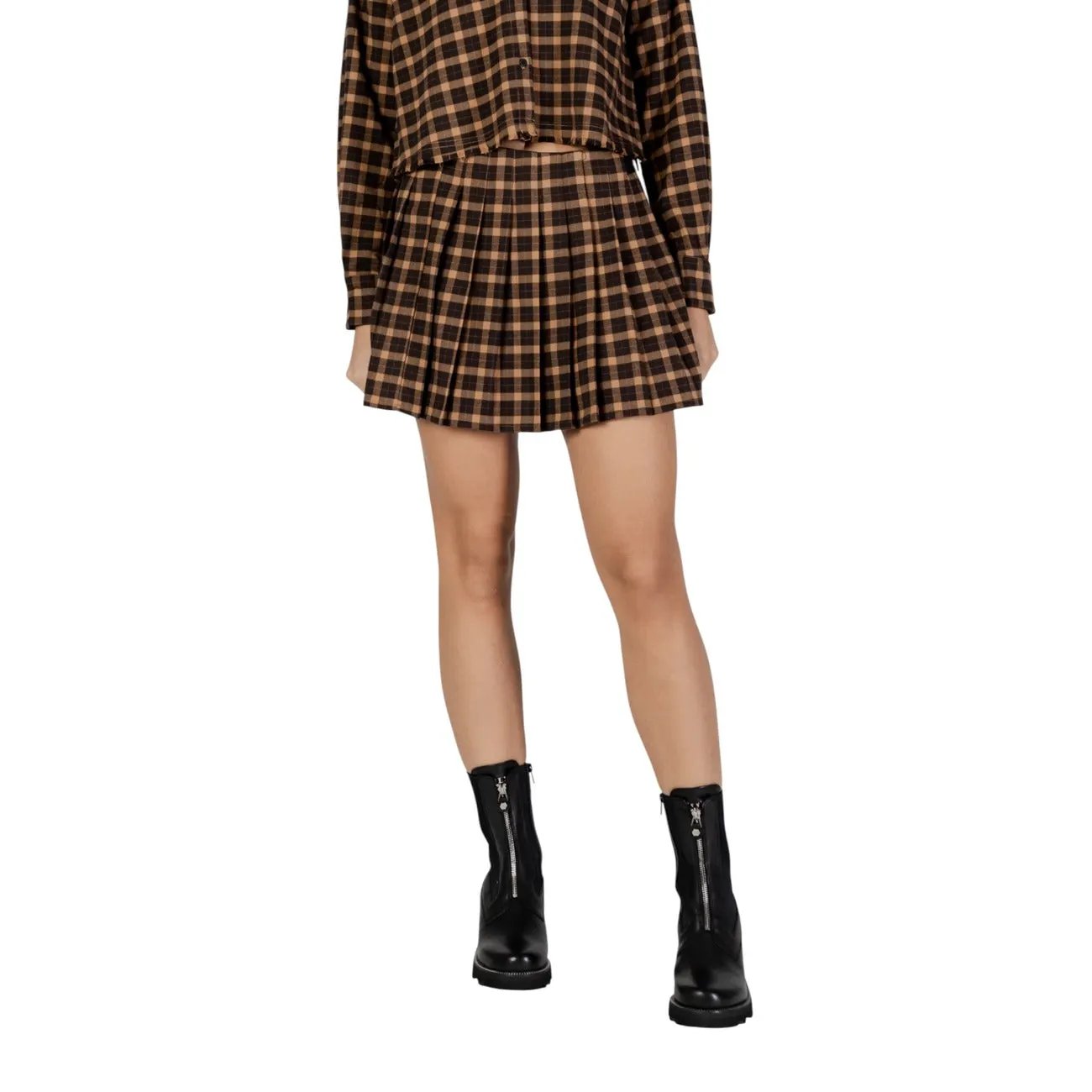 Only Women Stylish Pleated Checked Mini Skirt Brown Zip Comfortable Fit by Only