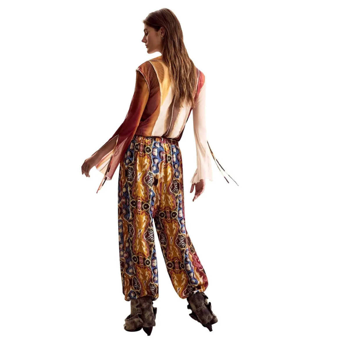 Desigual Women Trendy Printed Viscose Trousers With Belt Mustard Pattern by Desigual