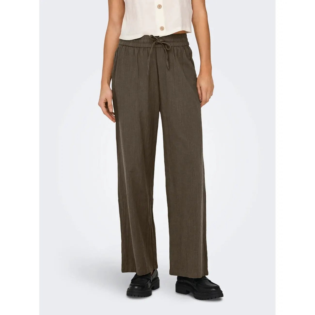 Only Women Stylish Brown Cotton Wide Leg Trousers With Front Pockets by Only