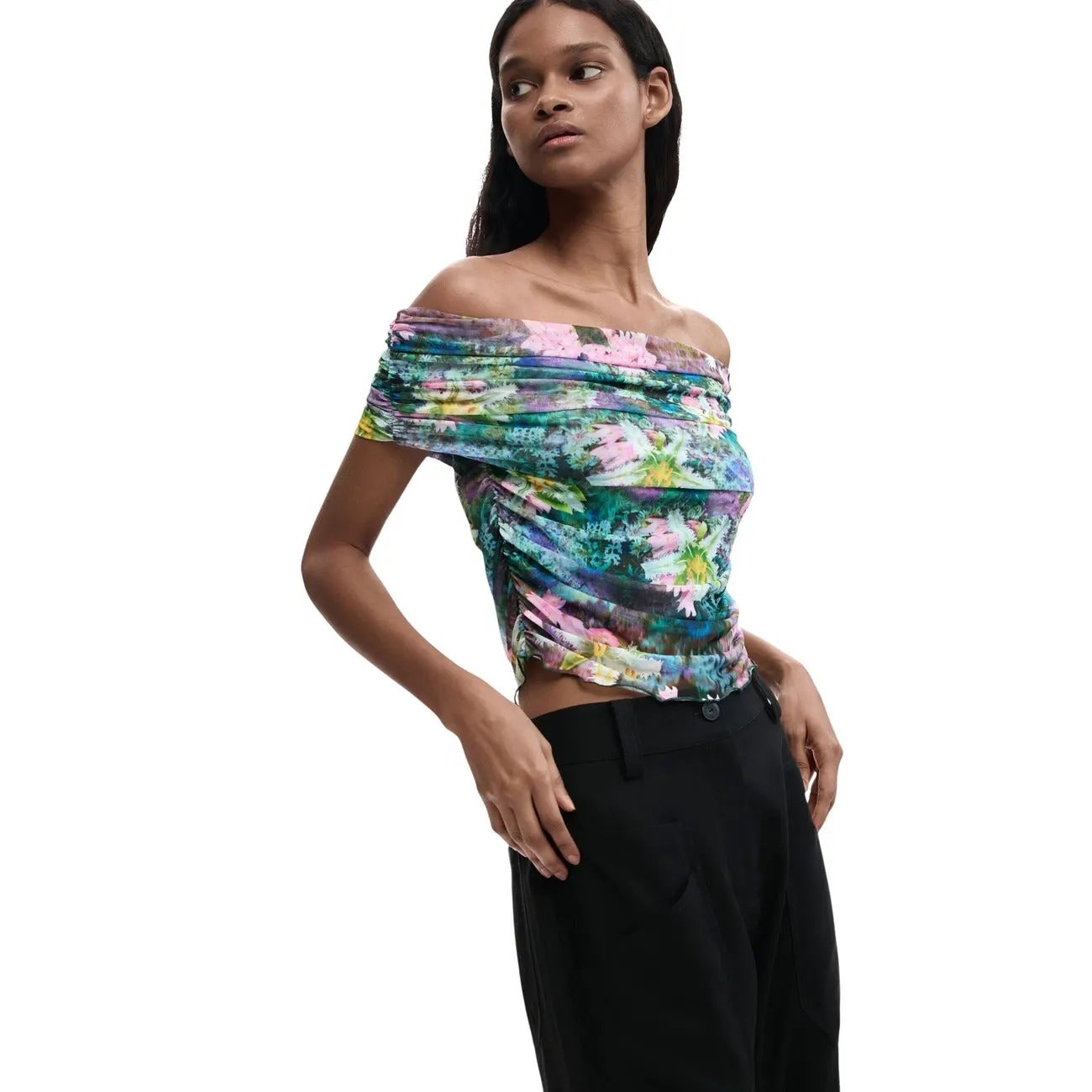 Stunning Desigual Women Floral Print Boat Neck Stretchy Summer Top by Desigual
