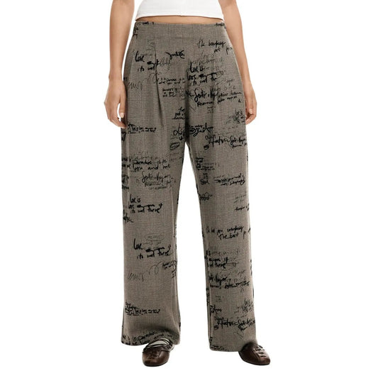 Desigual Women Grey Print Wide Leg Trousers With Zip Fastener Stretchy by Desigual