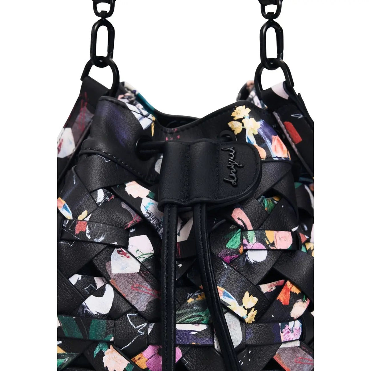 Desigual Women Black Cotton Floral Print Crossbody Bag With Inside Pockets by Desigual