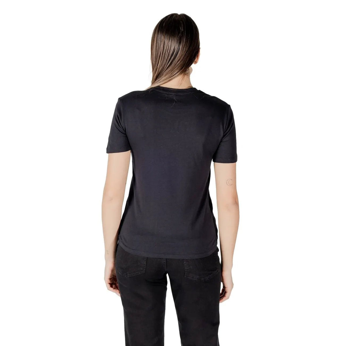 Only Women Black Cotton Modal Rhinestone Embellished Round Neck T-Shirt by Only