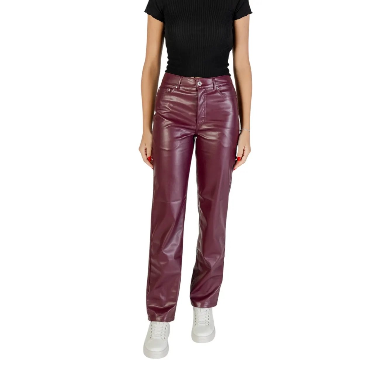 Only Women Purple Leather Look Trousers High Waist Zip Button Front Pockets by Only