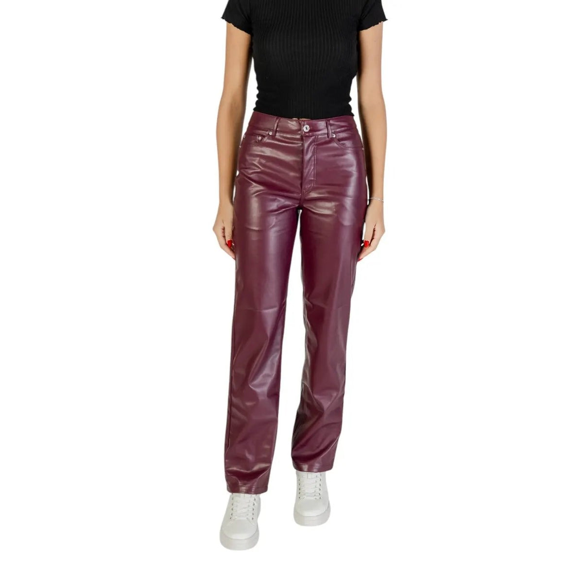 Only Women Purple Leather Look Trousers High Waist Zip Button Front Pockets by Only