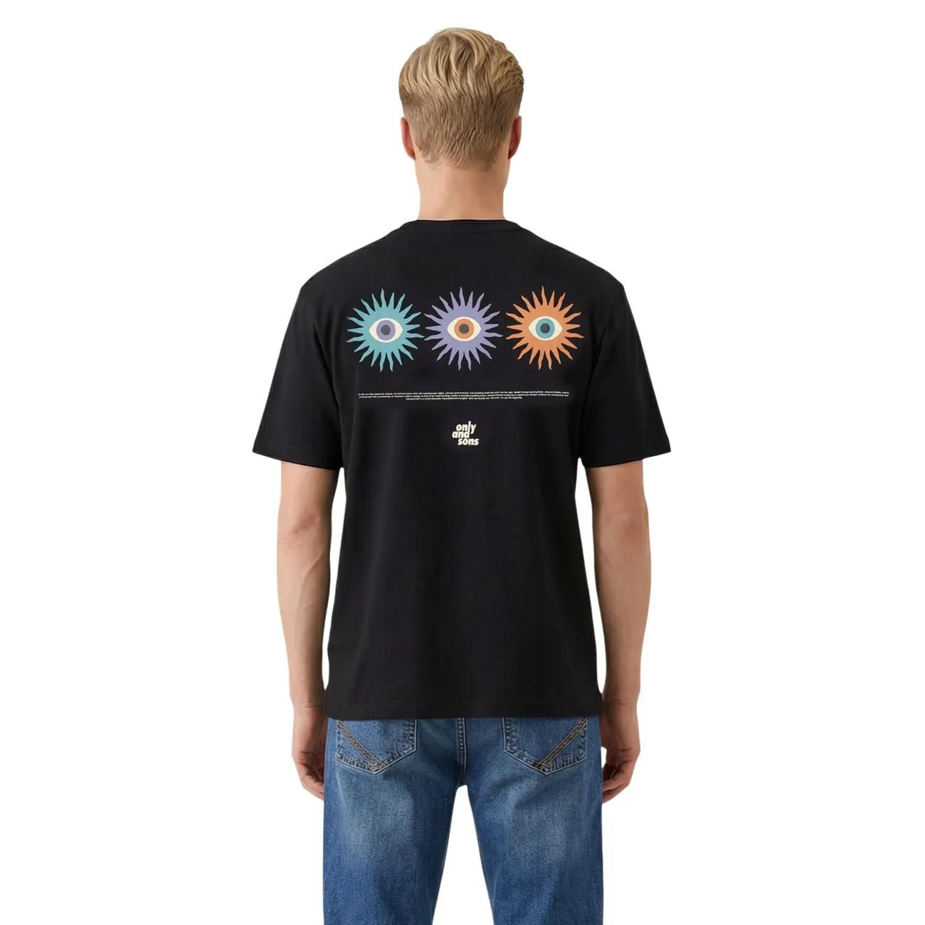 Only and Sons Men Organic Cotton T Shirt Black With Sun Print Everyday Comfort by Only & Sons
