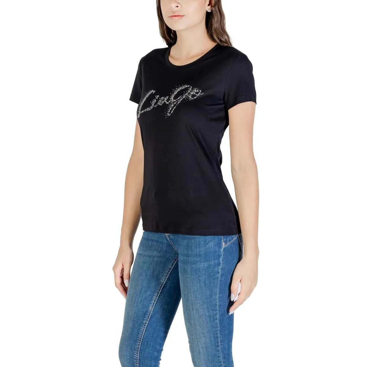 Liu Jo Women Black Cotton T-Shirt With Elegant Crystal Logo Print by Liu Jo