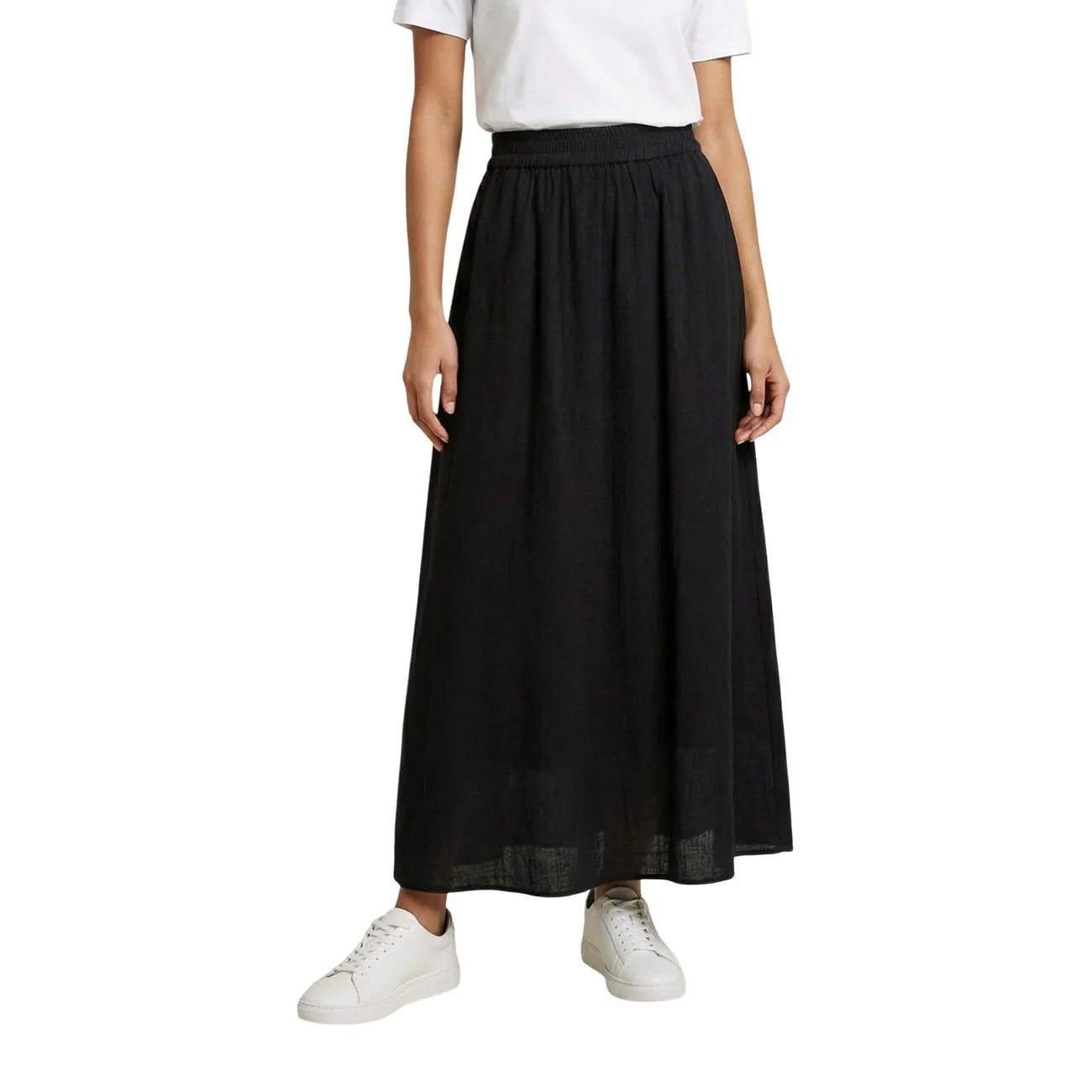 Only Women Black Cotton Long Skirt Elastic Waist Flowy Comfortable by Only