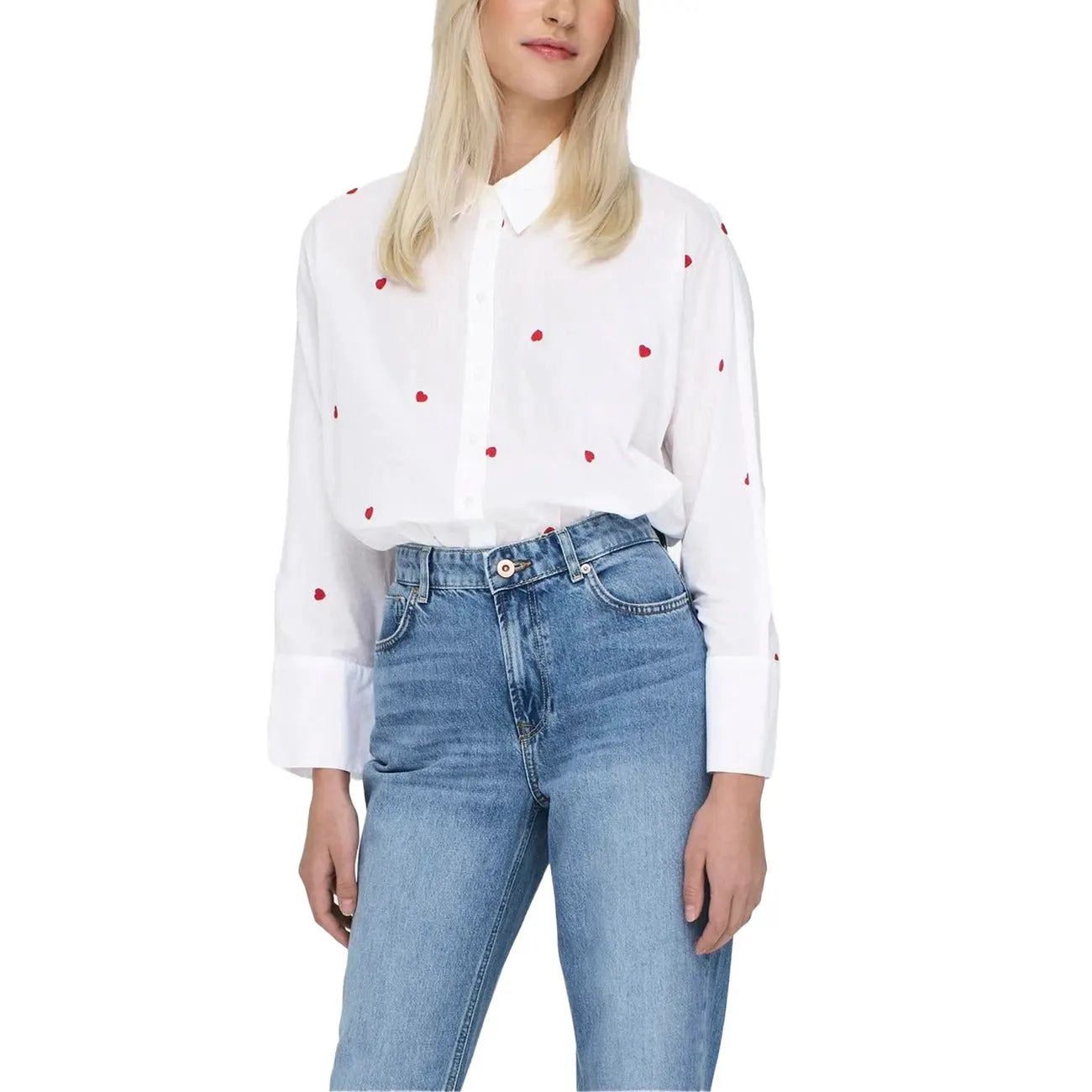 Only Women Stylish White Heart Print Cotton Long Sleeve Button Down Shirt by Only