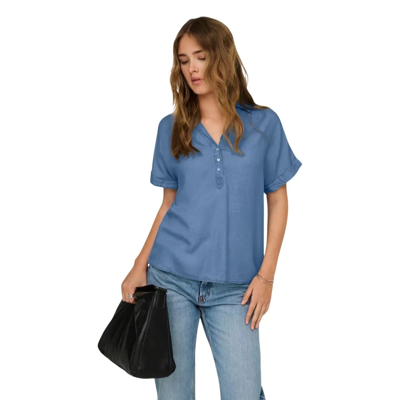 Only Women Blue Cap Sleeve Button Blouse Lyocell Stylish Summer Shirt by Only